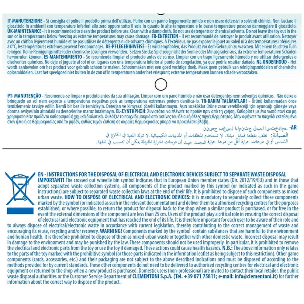 Baby Clementoni Magic Unicorn Light & Melodies instruction manual, featuring black text on white paper in a close-up view.