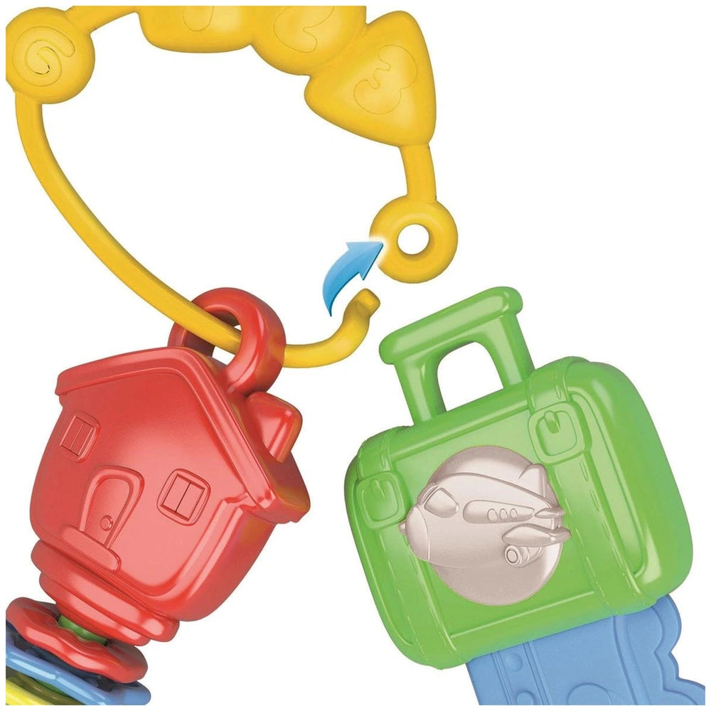 Multi Activity Keys toy features a red house with a door and window, connected by a yellow link to green and yellow component