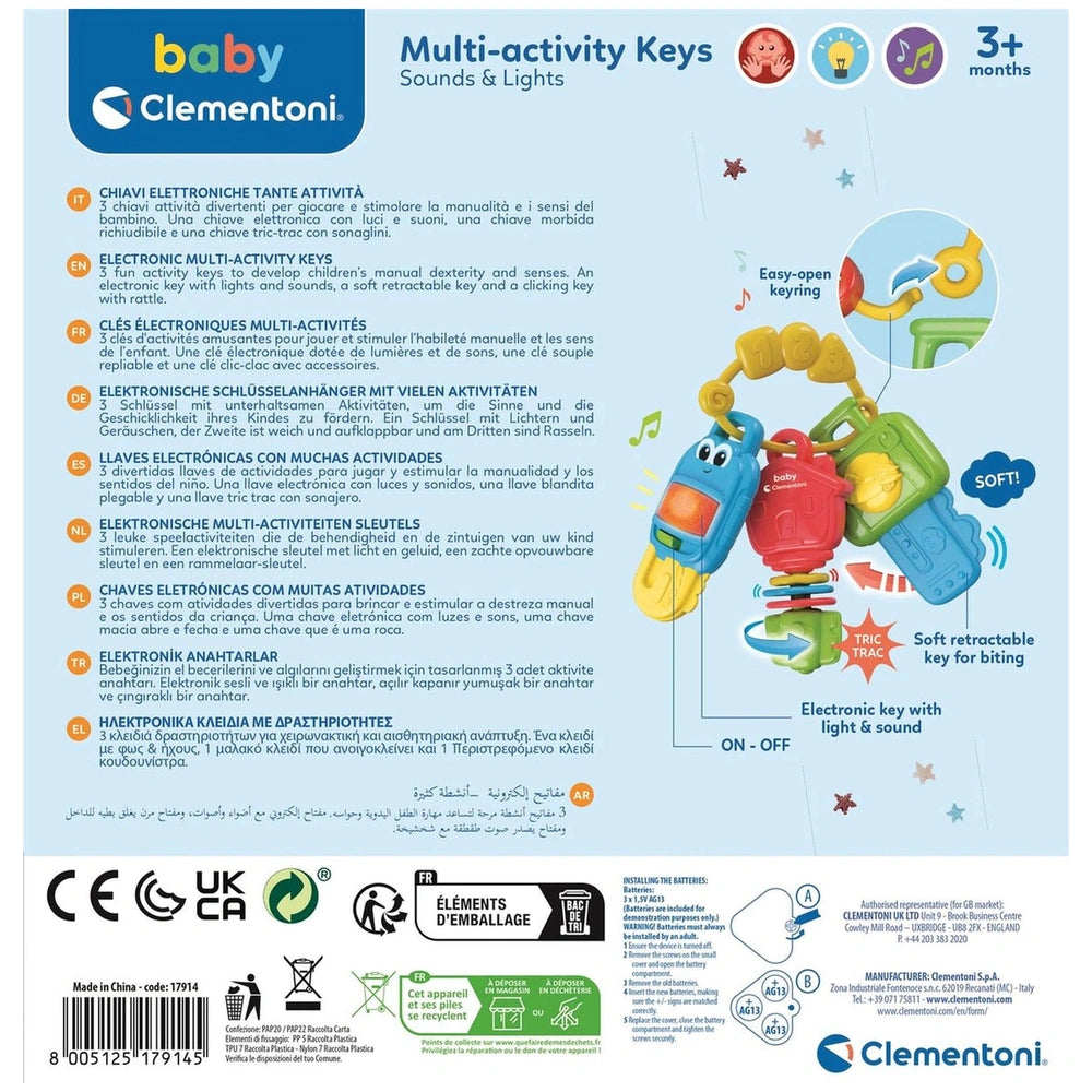 Multi-activity keys toy packaging by Clementoni features colorful keys and gears, promoting interactive play for babies.