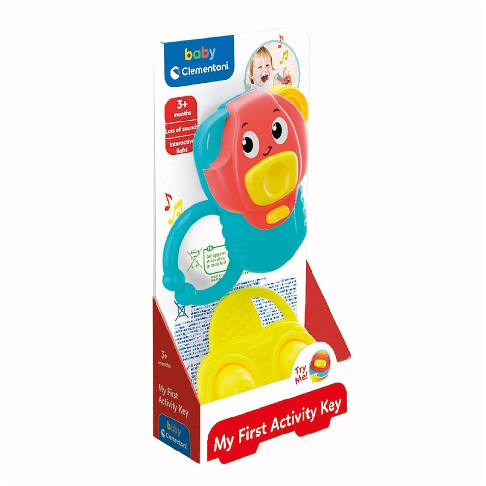 Baby Clementoni My First Activity Key packaging featuring interactive sounds, suitable for 3+ months, with "Try Me" labels.