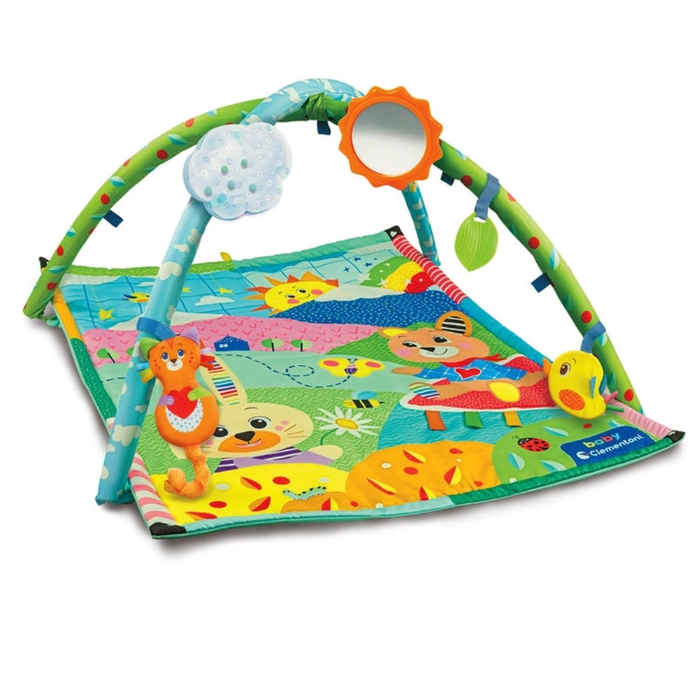 Baby Clementoni My First Discoveries Activity Gym features a colorful, textured play mat with patterns, images, and a clear p