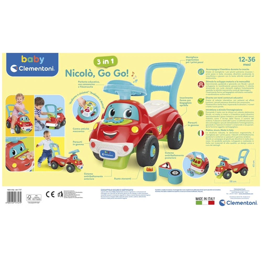 Baby Clementoni Nicolo Go Go 3 In 1 Riding Toys packaging features a yellow background with a red toy car and blue accents.