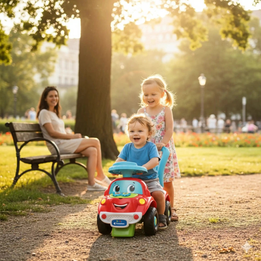 Baby Clementoni Nicolo Go Go toy car in red and green, with a child in pink dress playing on a wooden bench in a park.