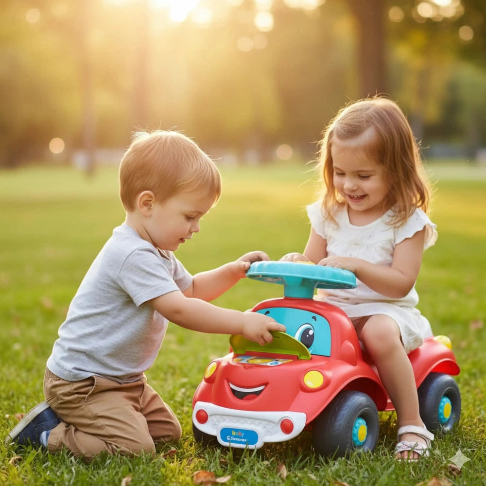 Baby Clementoni Nicolo Go Go riding toy, a red car with a blue roof and yellow smiley face, surrounded by two children on gre