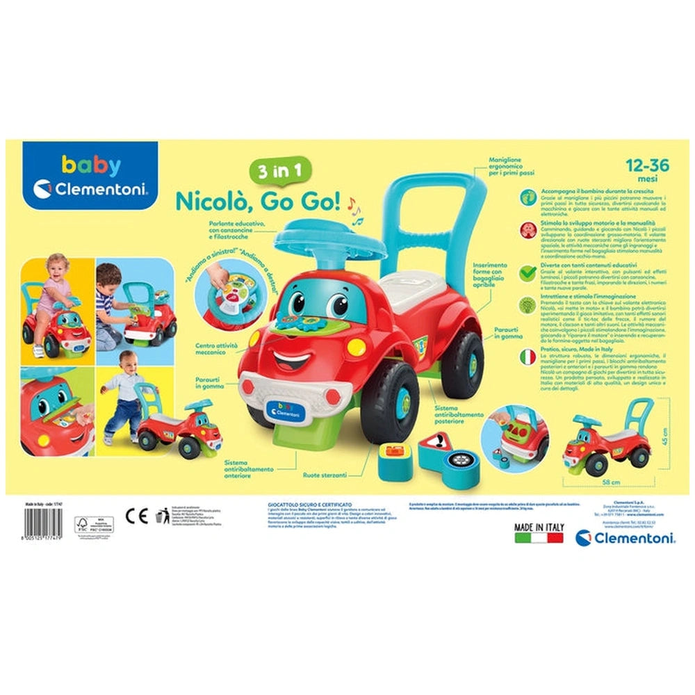 Baby Clementoni Nicolo Go Go 3 In 1 Riding Toys in yellow packaging features a red and blue car, green truck, and car seat.