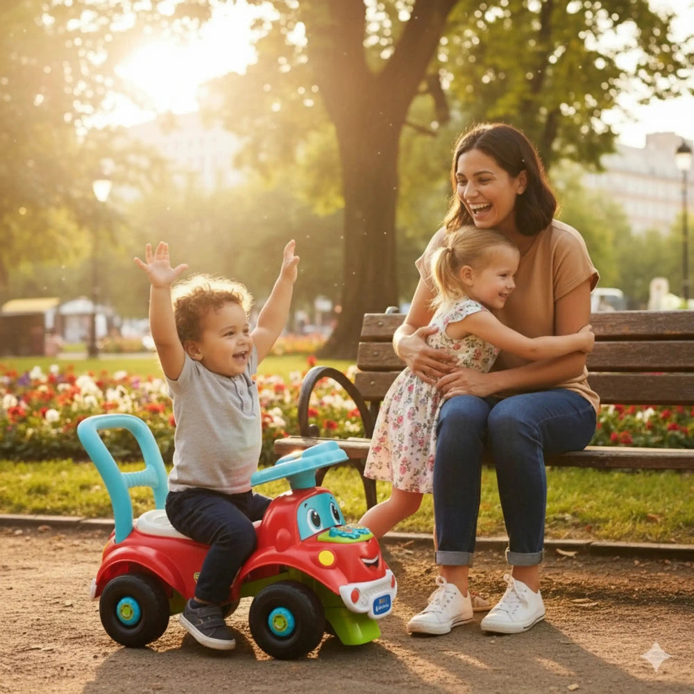 Baby Clementoni Nicolo Go Go riding toy car in red and blue with a woman and two children near a wooden bench and flowers.