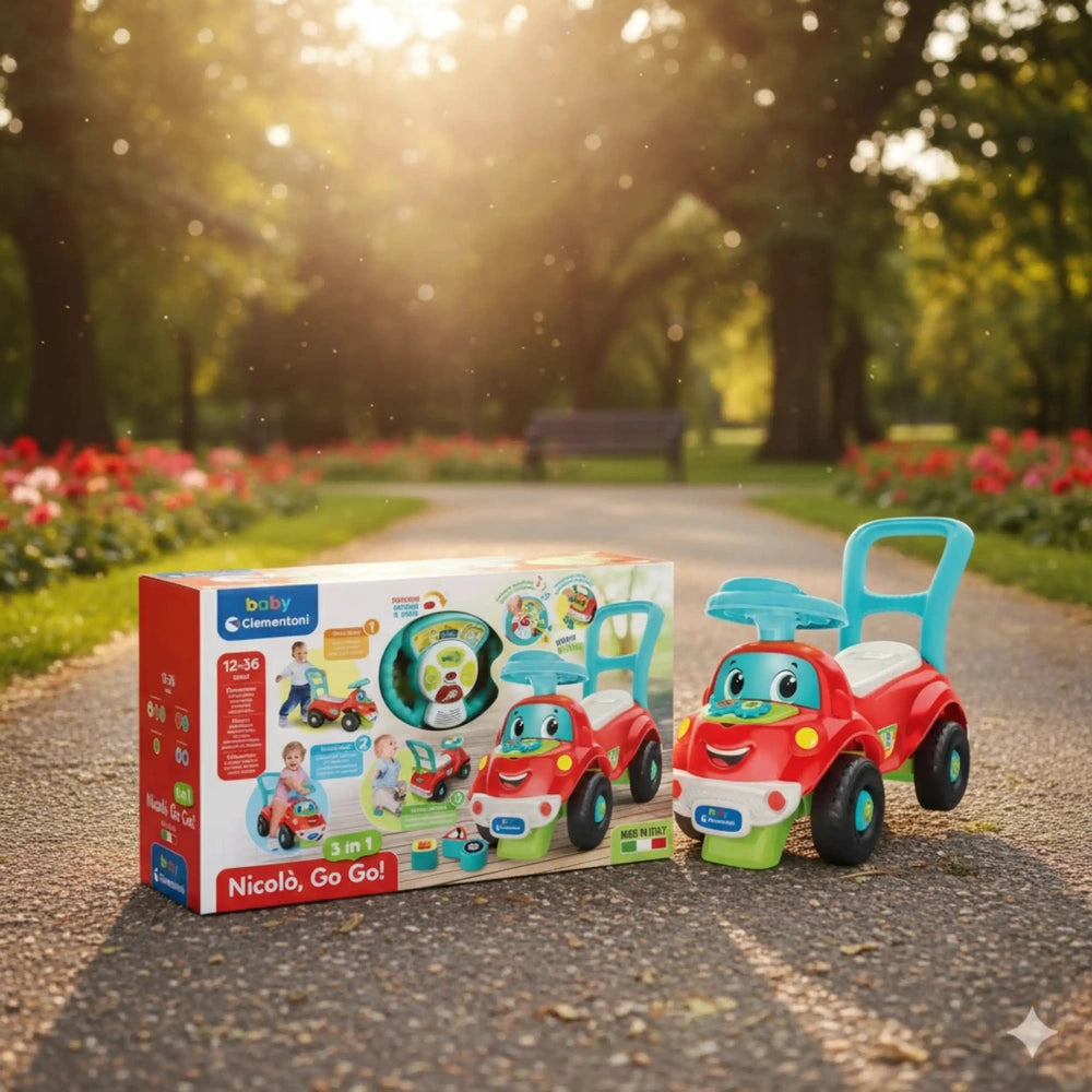 Baby Clementoni Nicolo Go Go 3 In 1 riding toy packaging features a glossy red box with images of the red and white ride-on c