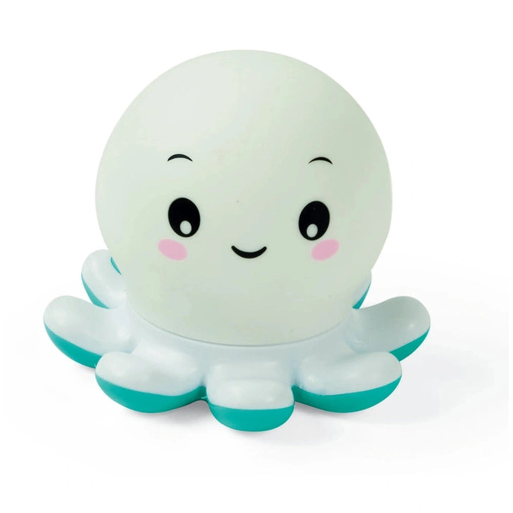 Baby Clementoni Octo Baby Bath Toy features a smiling white octopus with green-striped tentacles and a cartoonish design.