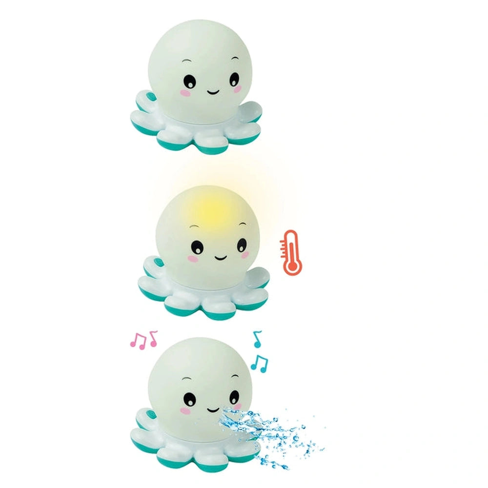 Baby Clementoni Octo Baby Bath Toy, smooth white with light blue outline, features face, arms, legs, and emits blue spray.