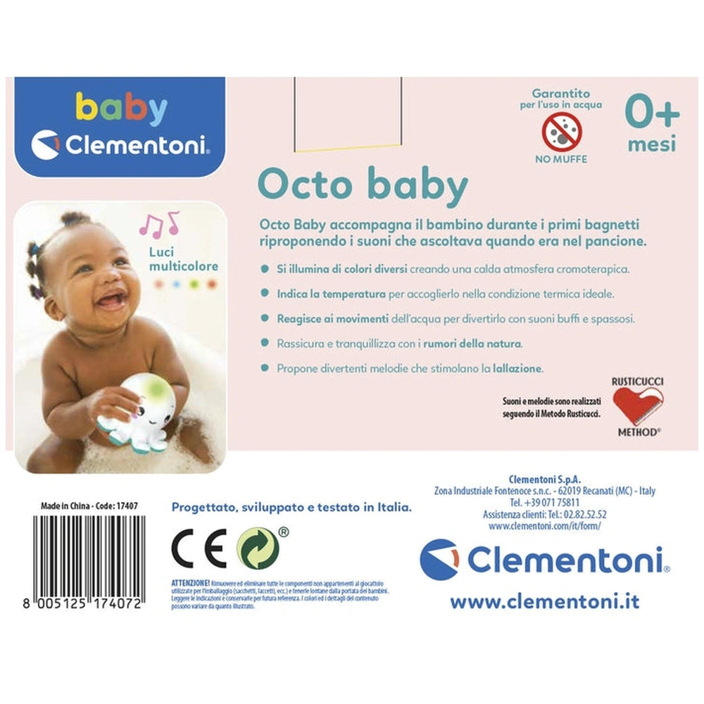 Baby Clementoni Octo Baby bath toys packaging features a pink background, black text, and an image of a baby holding a toy.