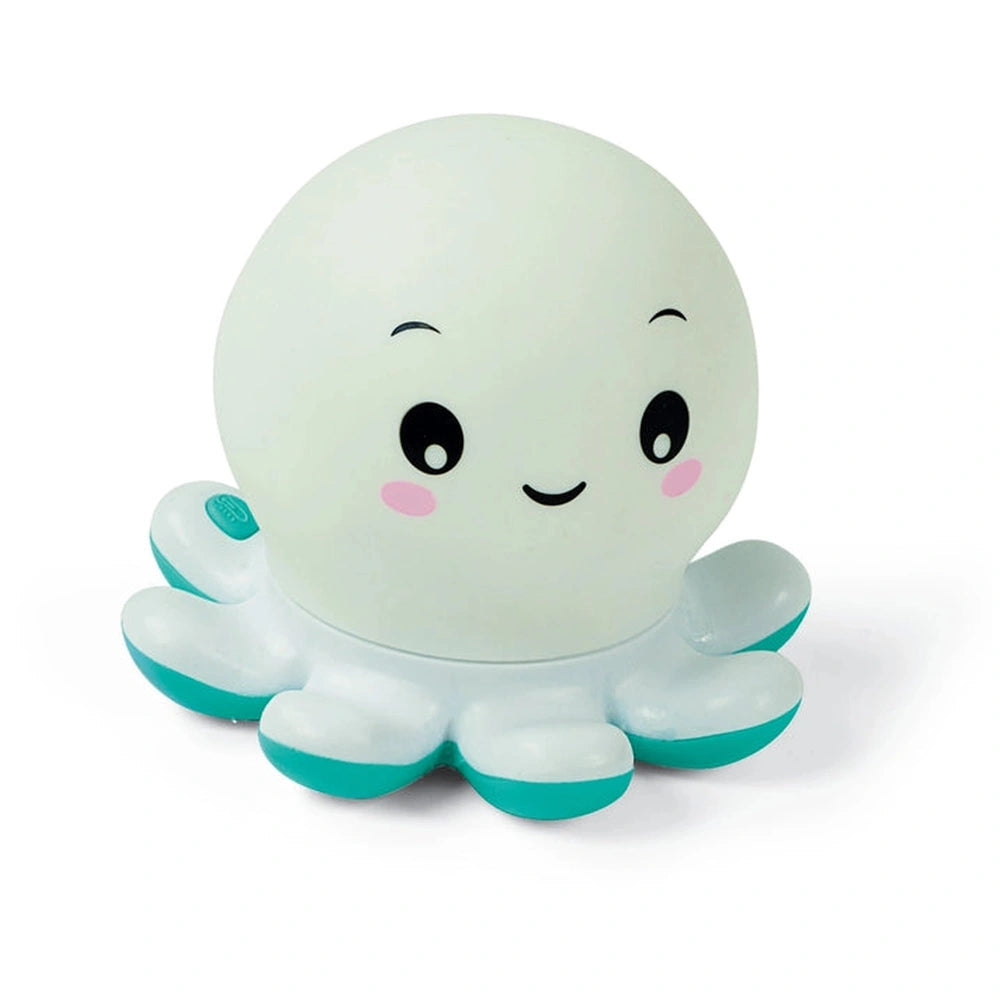 Light blue Octo Baby bath toy featuring a round shape, face with eyes, mouth, and eight tentacle-like appendages.