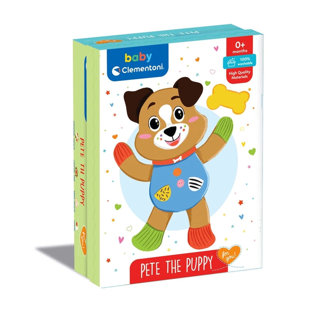 Pete the Puppy stuffed animal in retail packaging with a glossy window, featuring red and blue text, hearts, and a bone-shape