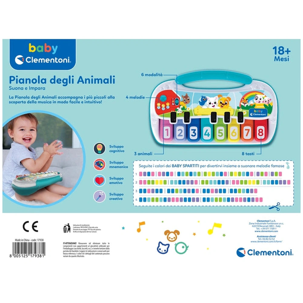 Baby Clementoni Pianola Degli Animali toy packaging features a child playing with a green and white piano, colorful buttons, 