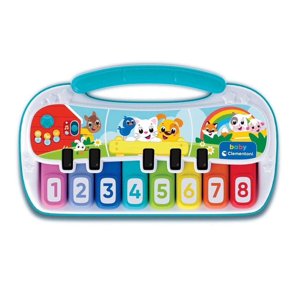 Baby Clementoni Pianola Degli Animali packaging features a clear window, colorful cartoon animals, and bright buttons on a wh