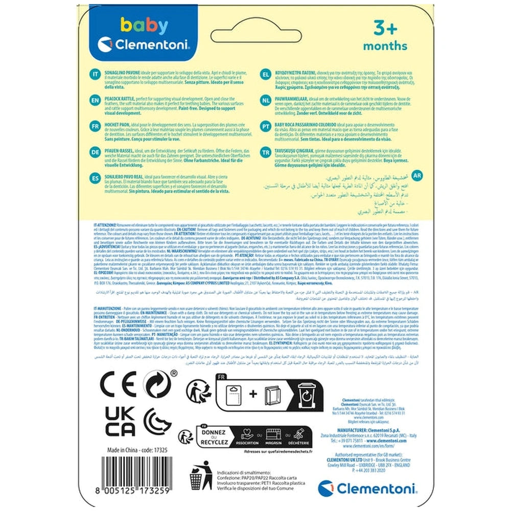 Baby Clementoni - Rainbow Peacock Rattle packaging label features a yellow design with blue header, icons, and certification 