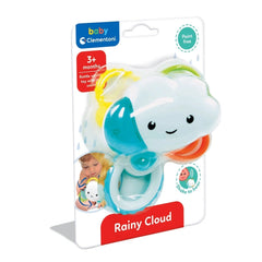 Baby Clementoni Rainy Cloud Rattle in matte cardboard packaging with a smiling cloud toy, featuring colorful labels and a tra
