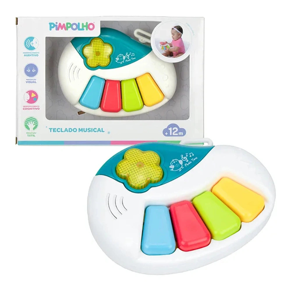 Baby Orchestra electronic piano keyboard toy in colorful packaging, featuring vibrant keys and a display for young children.