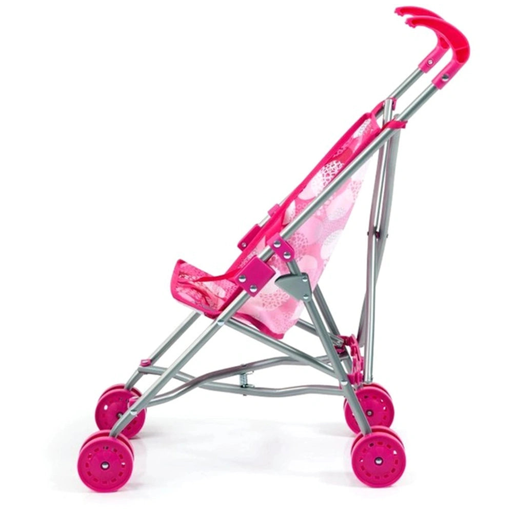 BAYER DESIGN pink doll stroller features a plastic frame with metal parts, fabric elements, four wheels, a handle, and a cano