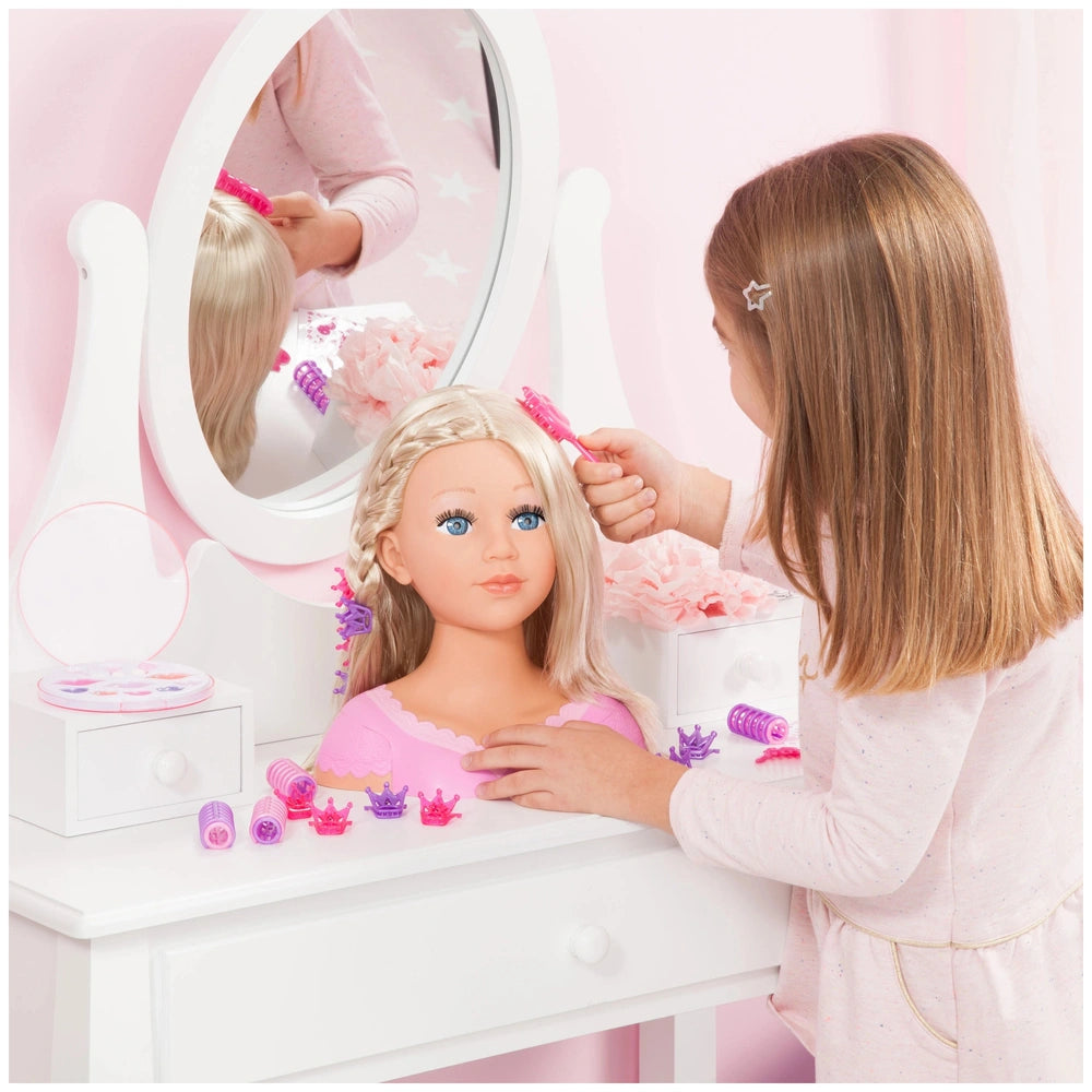 BAYER DESIGN Charlene Super Model playset features a young girl playing with a blonde plastic doll adorned with colorful hair