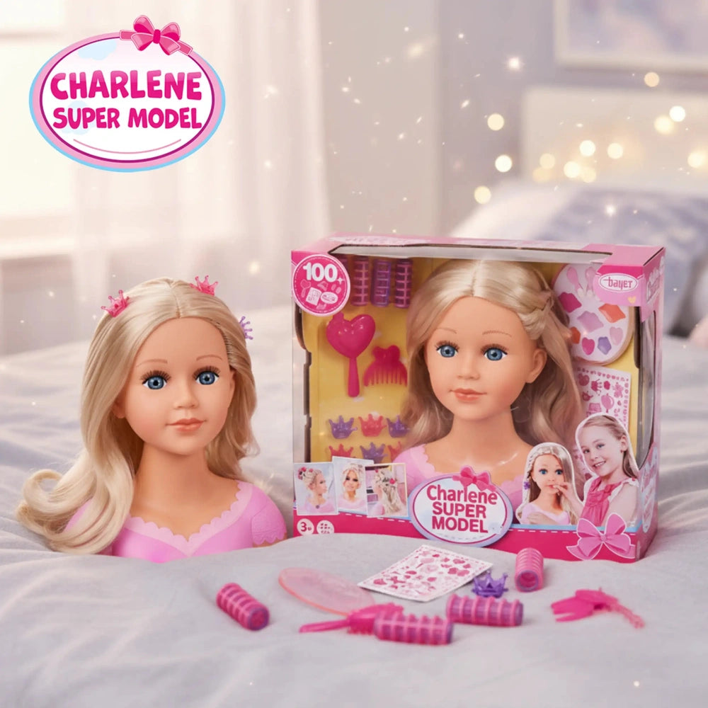 BAYER DESIGN Charlene Super Model doll with pink dress and accessories in glossy retail packaging featuring a transparent win