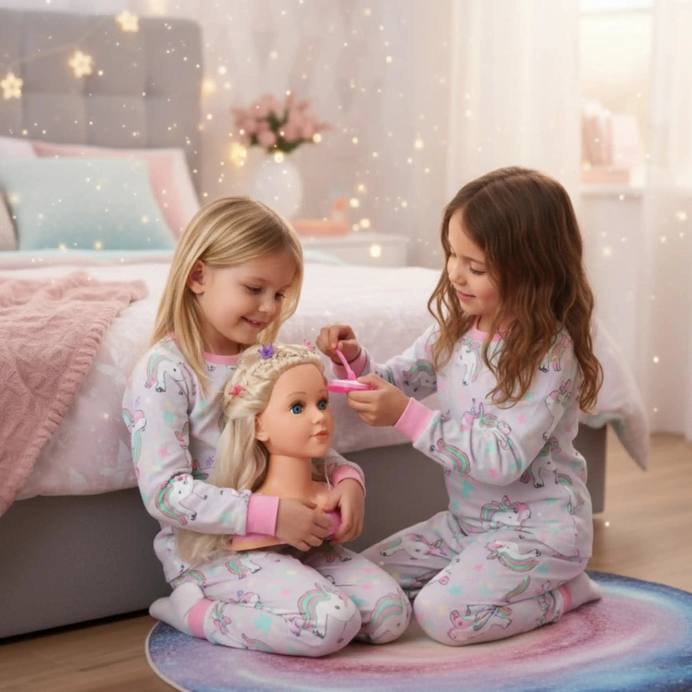BAYER DESIGN Charlene Super Model playset with two girls in matching pastel pajamas playing with a blonde doll on a colorful 