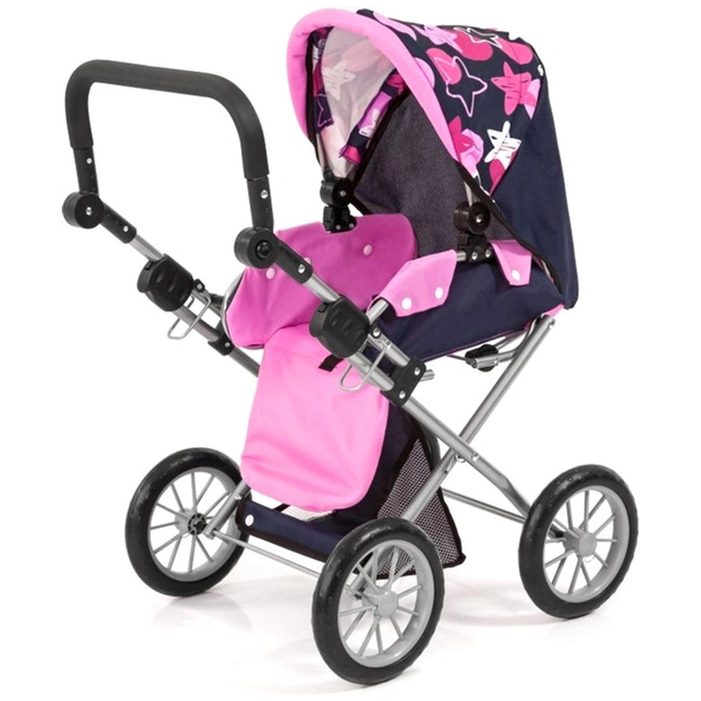 BAYER DESIGN City Star Dolls Stroller features a floral fabric canopy, pink fabric seat, and a sturdy metal frame with black 