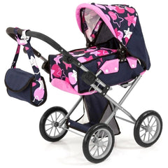 BAYER DESIGN City Star Dolls Stroller features a silver metal frame, pink and purple floral fabric, and durable black rubber 