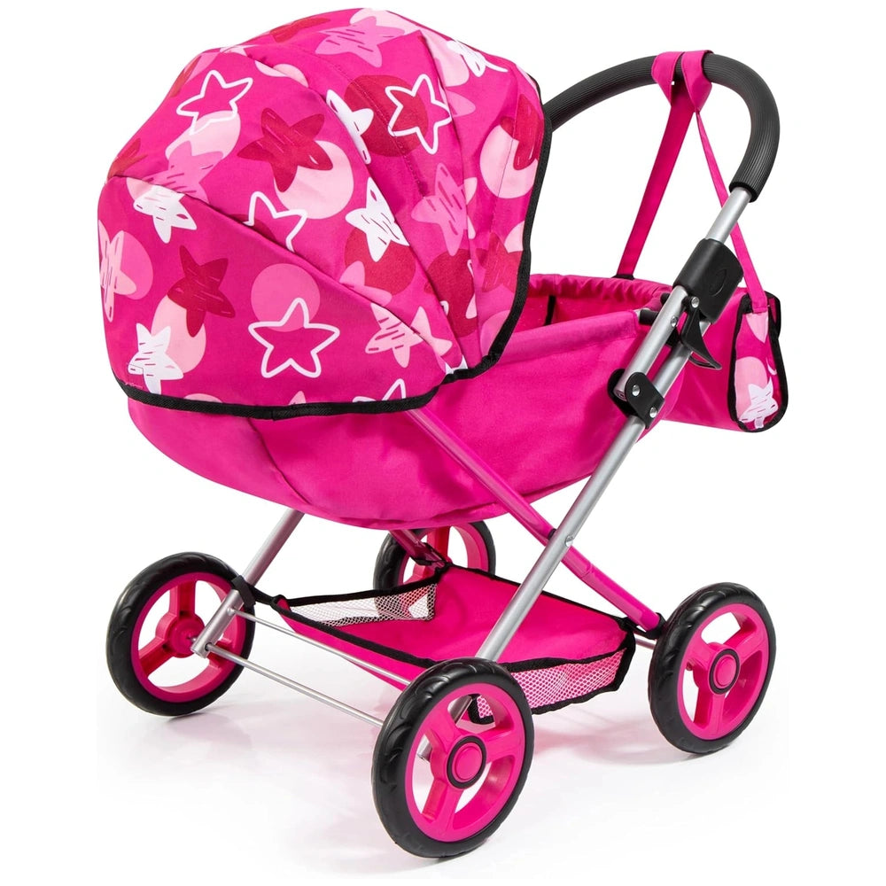 BAYER DESIGN Cosy Combi Pram Set features a pink star-patterned fabric stroller with a metal frame, black wheels, and a pink 