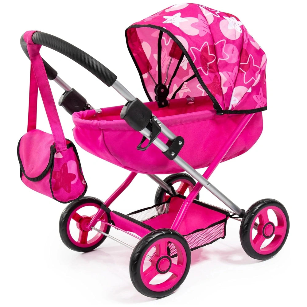 BAYER DESIGN Cosy Combi Pram Set features a pink glossy stroller with floral canopy, black handle, and matte wheels.
