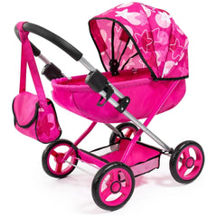 BAYER DESIGN Cosy Combi Pram Set features a pink glossy stroller with floral canopy, black handle, and matte wheels.