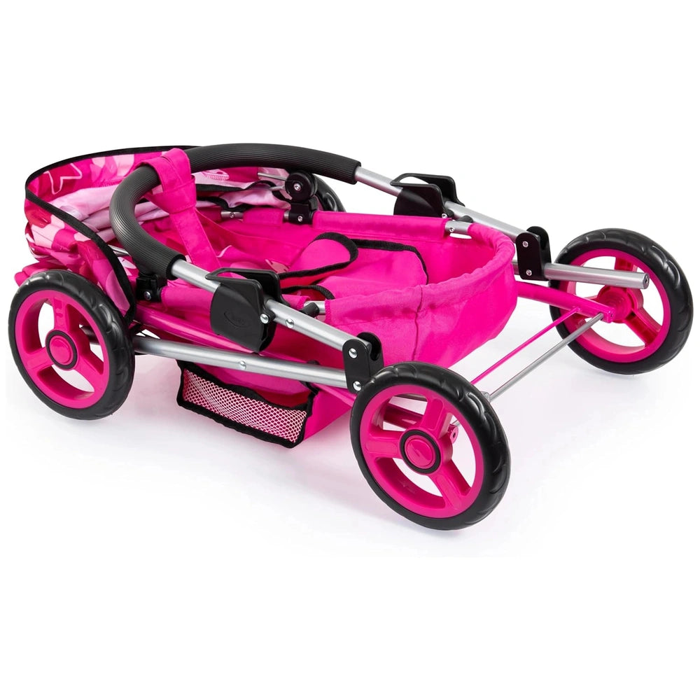 BAYER DESIGN Cosy Combi Pram Set features a pink fabric seat, canopy, and basket with black plastic wheels and silver metal f