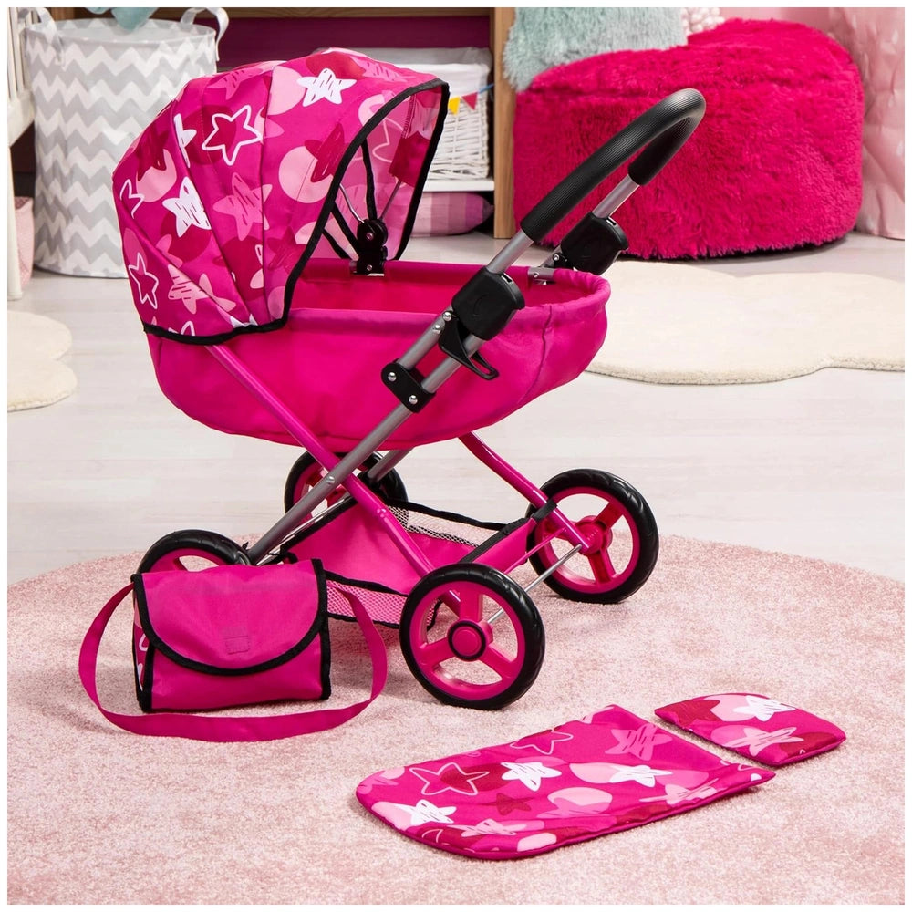 BAYER DESIGN Cosy Combi Pram Set features a pink stroller with white stars, black wheels, handle, and multiple safety feature
