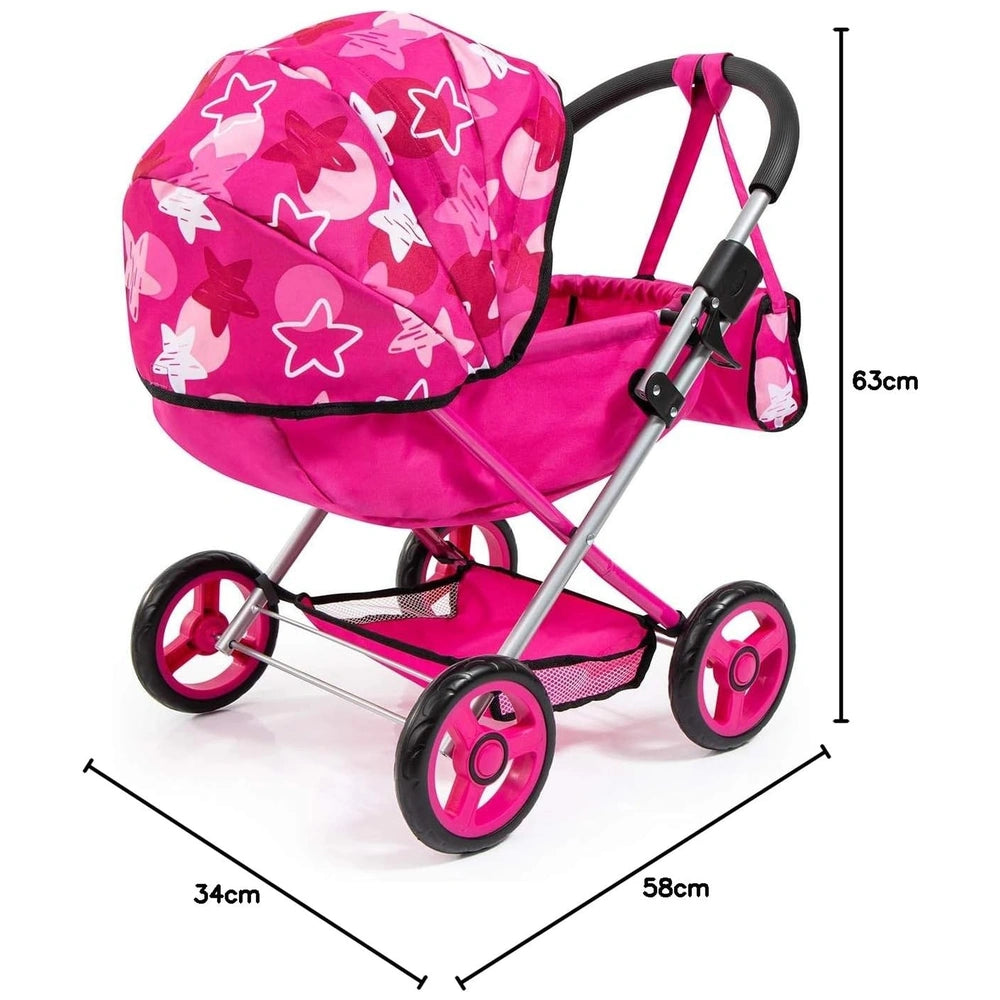 BAYER DESIGN Cosy Combi Pram Set features a silver metallic frame, pink star-patterned fabric, and a reclining seat with a ca