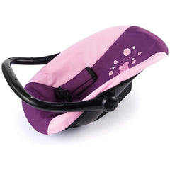 BAYER DESIGN purple and pink doll car seat featuring a black handle, cushions, buckles, and adjustable components.