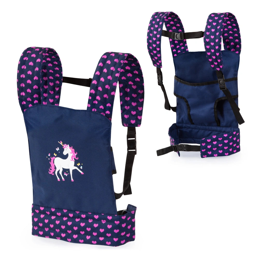 BAYER DESIGN doll carrier in blue with pink unicorn graphic, featuring straps, pockets, and a zipper closure.