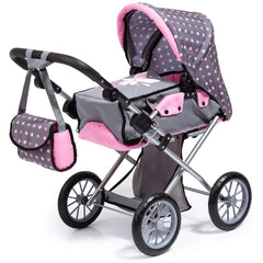 BAYER DESIGN Dolls Pram City Star features a pink and gray polka dot fabric seat, adjustable handlebar, and metallic frame.