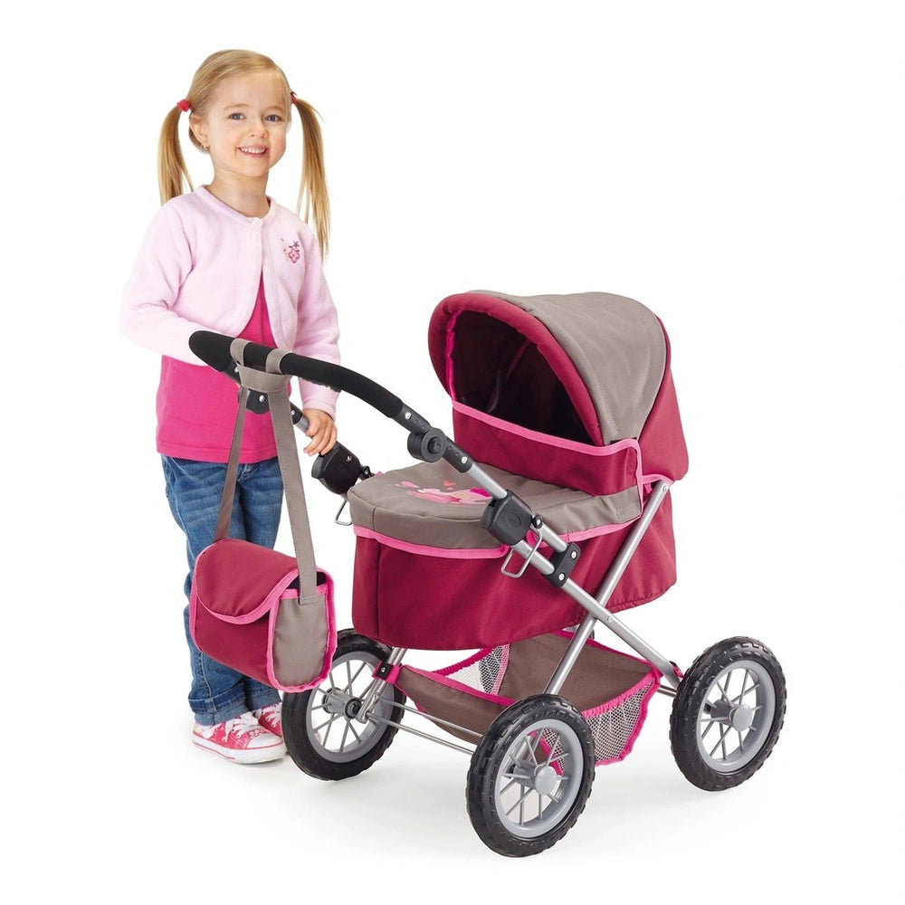 BAYER DESIGN dolls pram in trendy red and gray features a fabric seat, metal frame, black rubber wheels, and an extendable ca