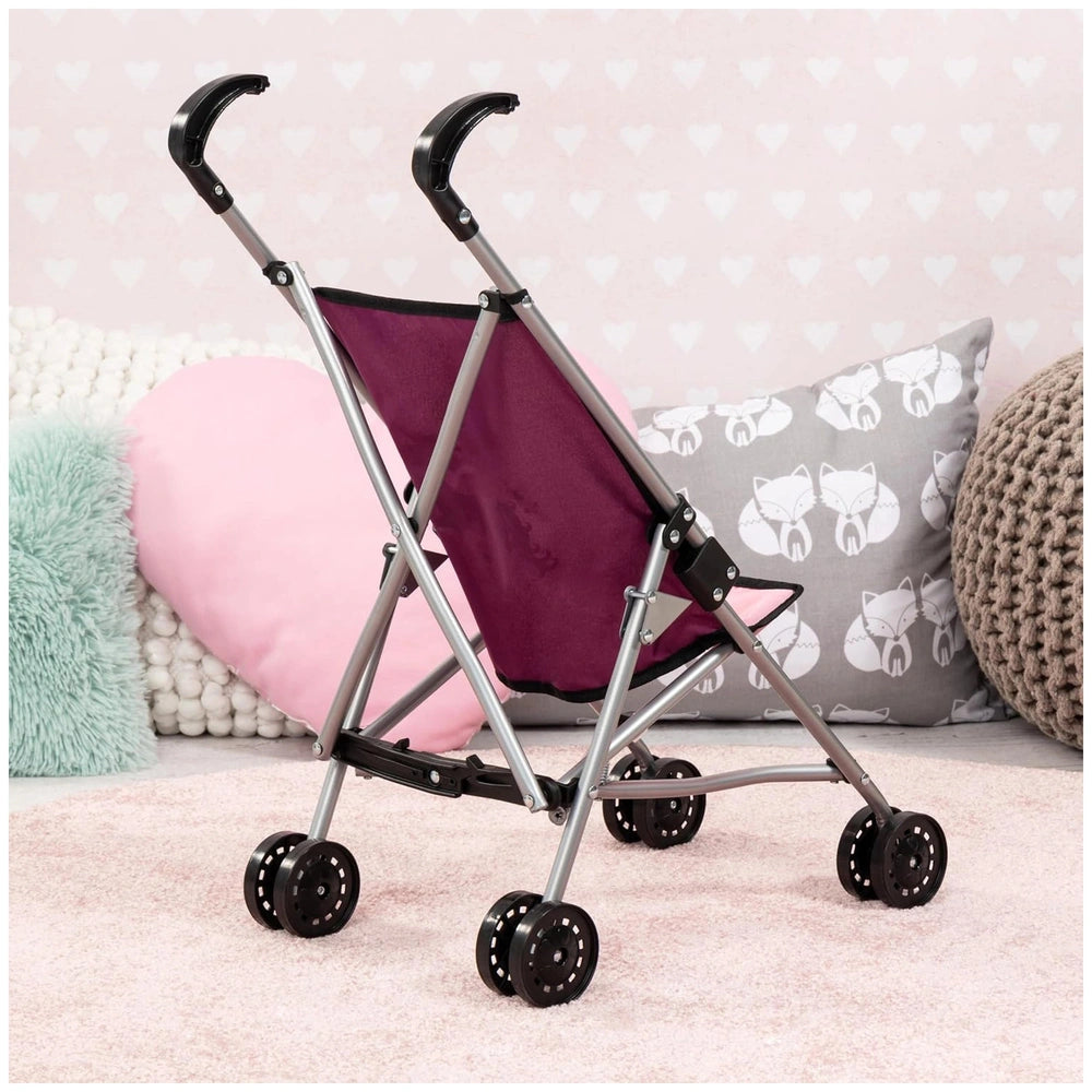 BAYER DESIGN Lila Buggy in purple features a maroon seat, black wheels with silver centers, on light pink flooring against a 