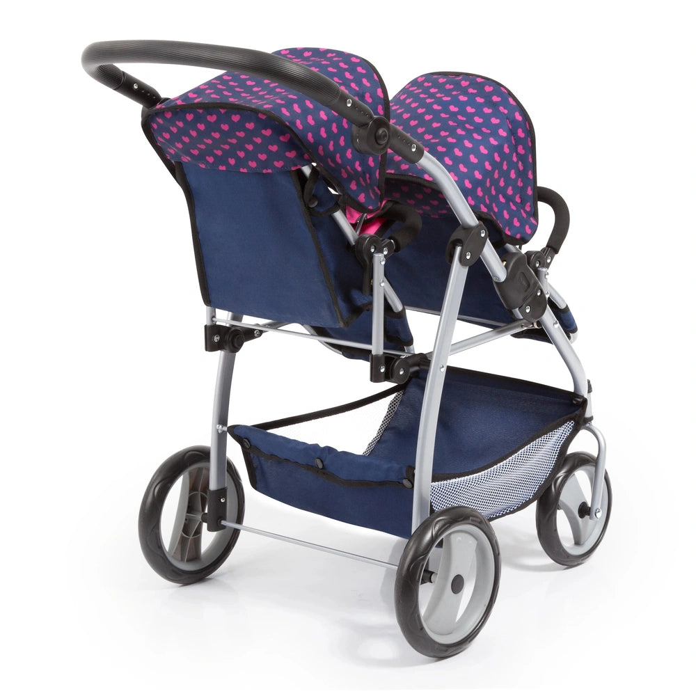 BAYER DESIGN Twin Pram in unicorn blue and pink features a shiny metallic frame, fabric seat with pink hearts, and black rubb
