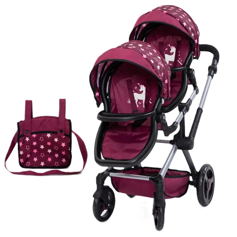 BAYER DESIGN Xeo Twin Doll Stroller features a shiny silver frame, dark purple fabric with white stars, and durable black whe