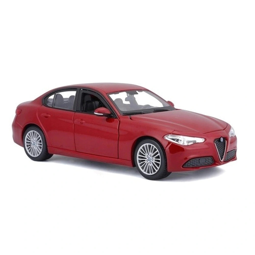 BBurago Alfa Romeo Giulia die-cast vehicle in red with chrome handles, black tires, and clear windows, centered in front view