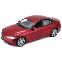 Alfa Romeo Giulia die-cast vehicle in red with black windows, silver rims, clear headlights, and black rubber tires.