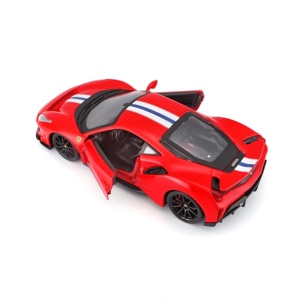 BBurago Ferrari 488 Pista 1:24 die-cast model in red with glossy finish, featuring black roof and shiny wheels.