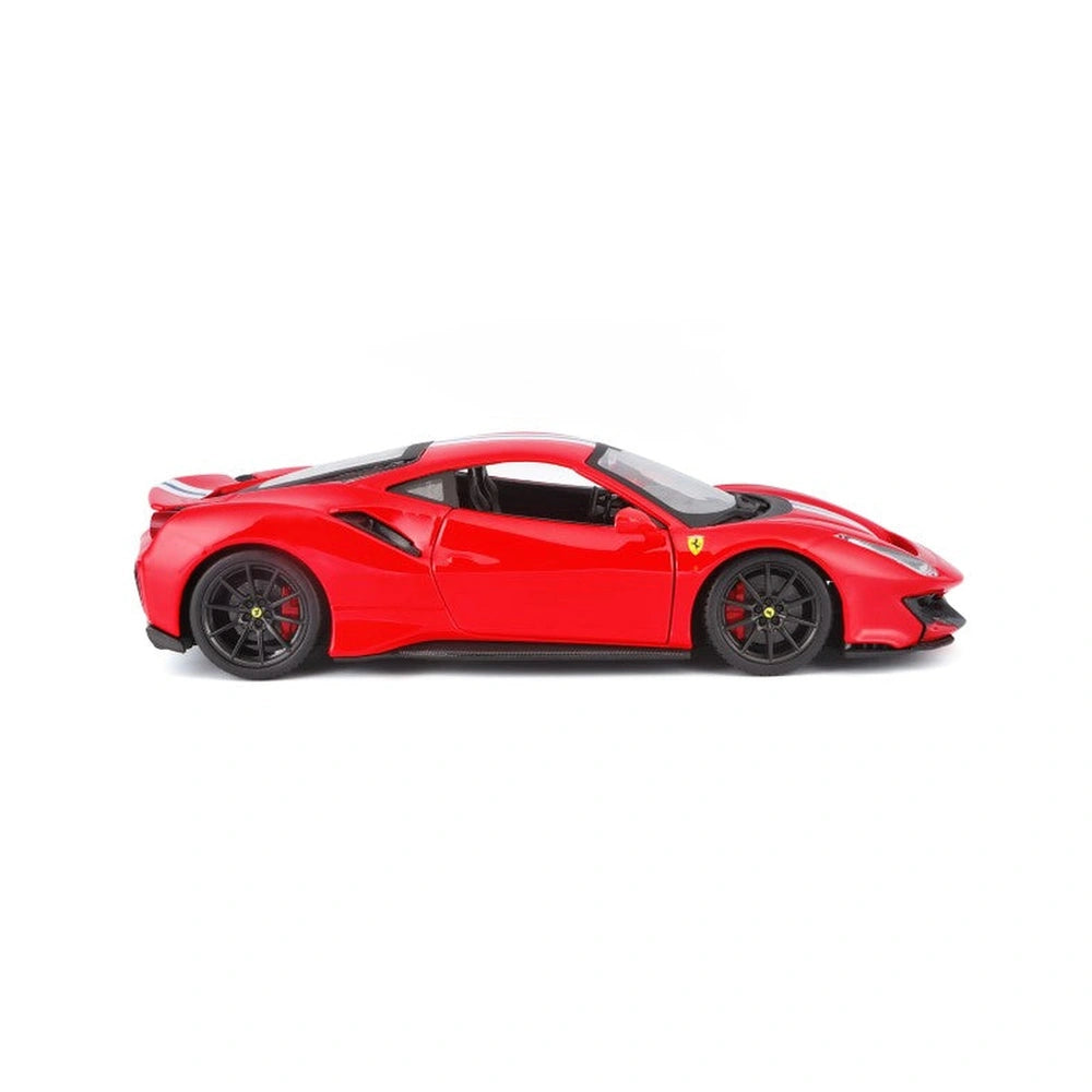 Ferrari 488 Pista die-cast model in glossy red with black matte wheels, showcasing detailed front components and tinted windo