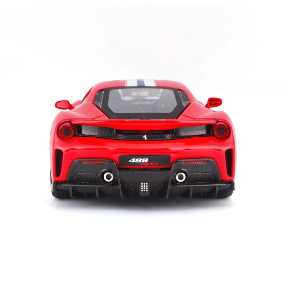 Ferrari 488 Pista 1:24 die-cast model with glossy red body, matte roof, tinted windows, and black accents on mirrors and bump