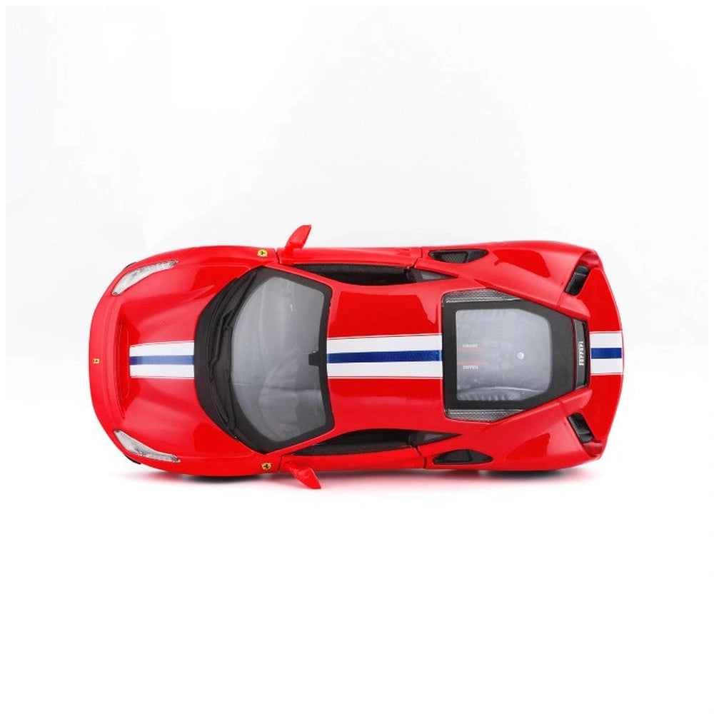Ferrari 488 Pista die-cast model in red with black roof, white stripe, and red accents, featuring glossy and matte finishes.