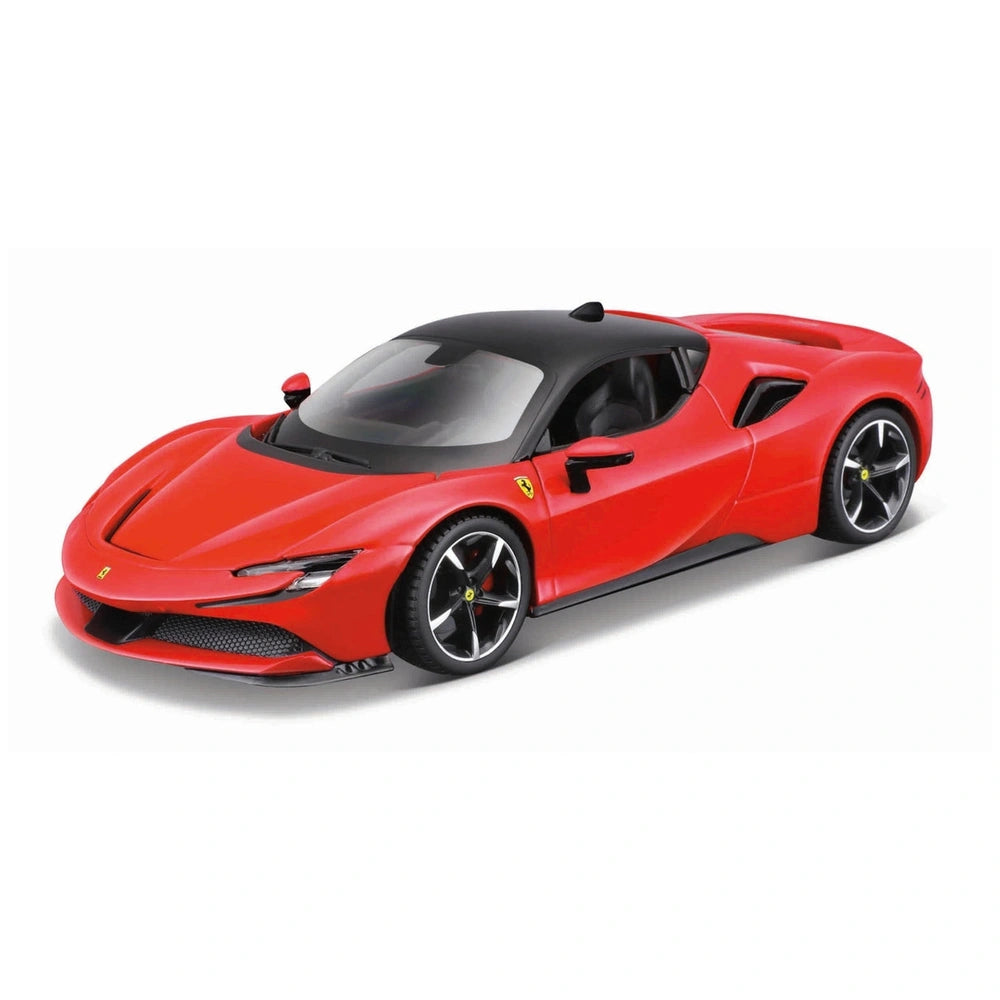 BBurago Ferrari Race Play 1:24 die-cast vehicle in glossy red with black wheels and clear plastic windows, showcasing detaile