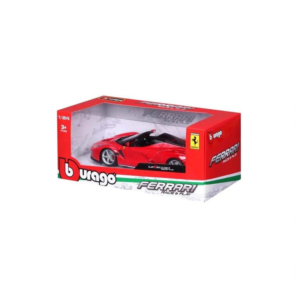 BBurago Ferrari La Ferrari Aperta 1:24 toy car in red packaging with yellow logo and white-green text on a plastic window.