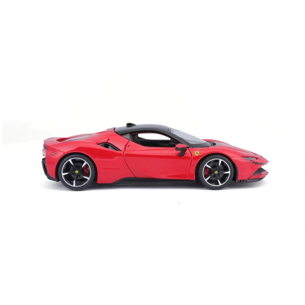 Ferrari SF90 Stradale 1:24 die-cast model with a red body, black roof, and detailed black interior and wheels.