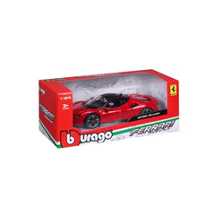 Ferrari SF90 Stradale 1:24 die cast toy car in red with black accents, displayed in glossy retail packaging with a transparen